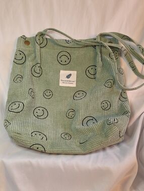 Adorable Preppy Sage Green Corduroy Smiley Face Tote Bag!